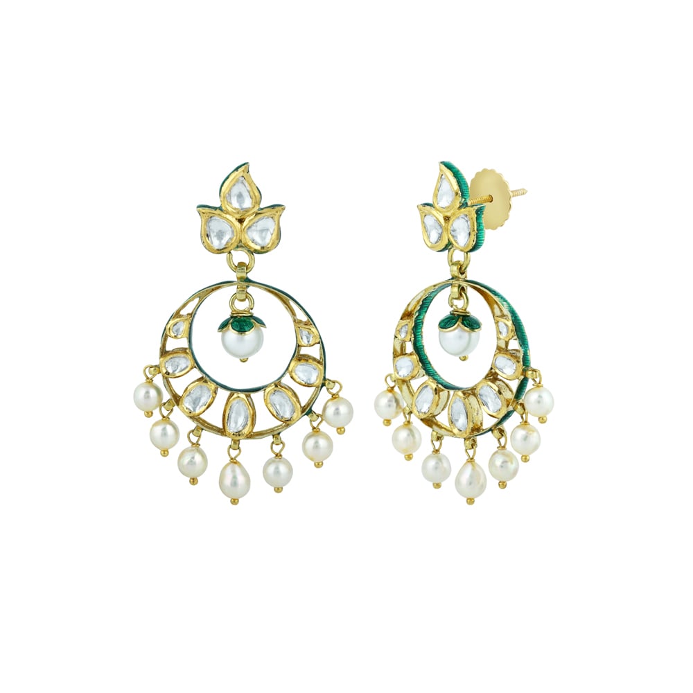 Polki Chandbali Earrings with Petal Studs and Pearl Drops
